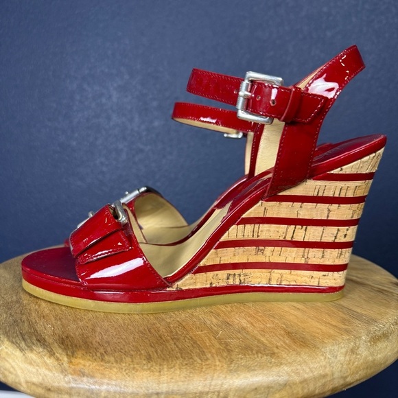 Michael Kors "Pacific" Patent Leather Striped Slingback Wedge Sandals, Size 10 - Picture 2 of 9